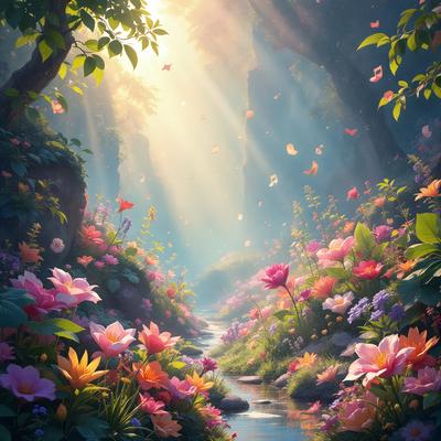 The primary subject of the image is a beautiful garden filled with a variety of flowers, including pink and yellow ones. The garden is set in a lush, green environment, with a stream flowing through it. The visual style of the image is a digital art or illustration, creating a vibrant and colorful atmosphere. The dominant colors in the scene are pink, yellow, and green, giving the garden a warm and inviting mood.